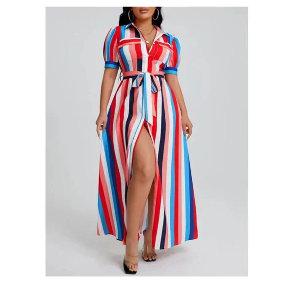 SHEIN VCAY Rainbow Striped Flap Pocket Belted Shirt Dress, Women, Small - Picture 4 of 5